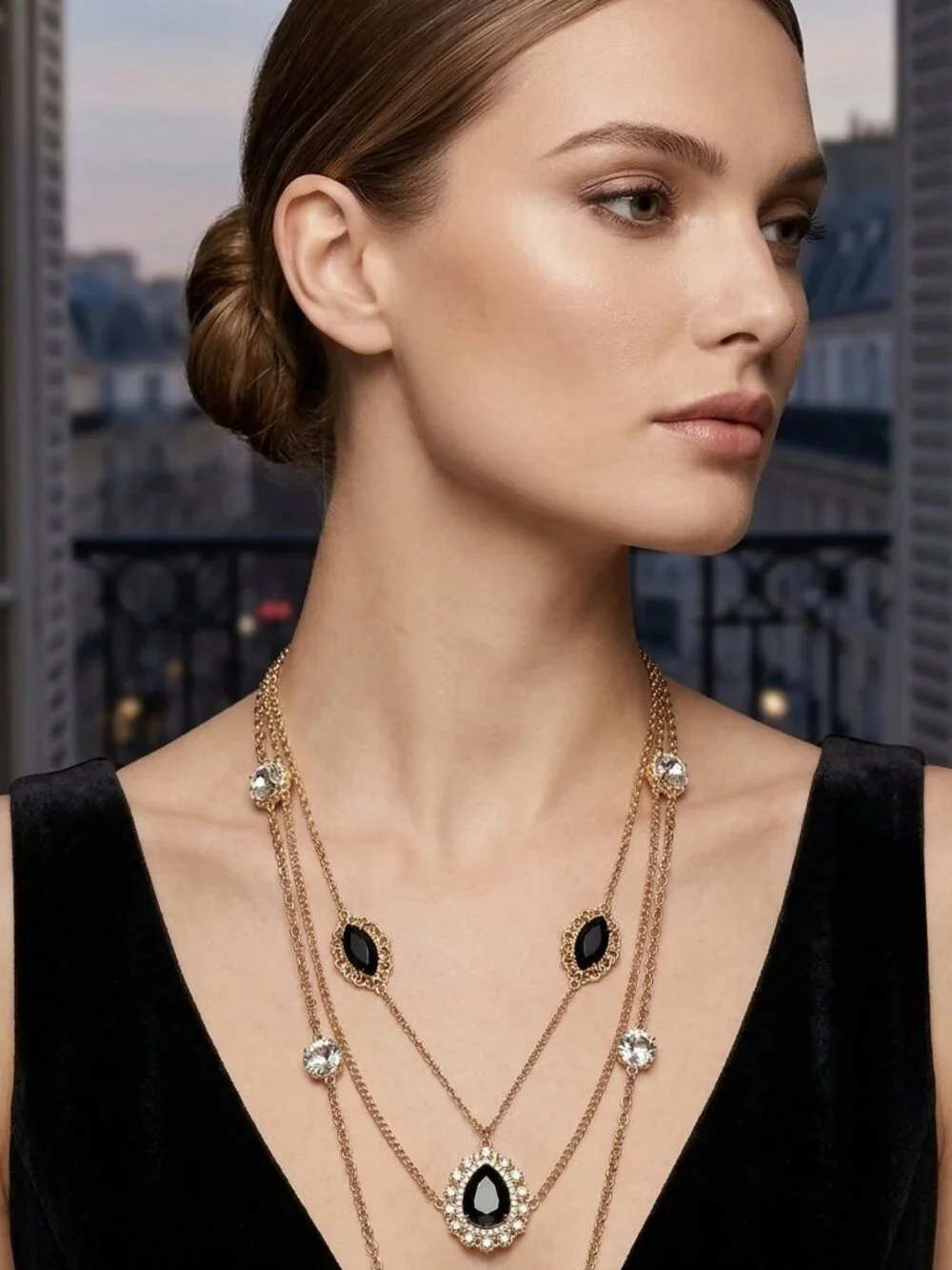 Multi Chain Gold Tone Necklace with Black Accents - Picture 4 of 4